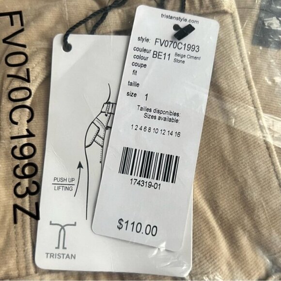 Tristan - Ladies Push Up Zip Up Corduroy Pant - Beige Ciment Stone. Size: 1. - Picture 4 of 8